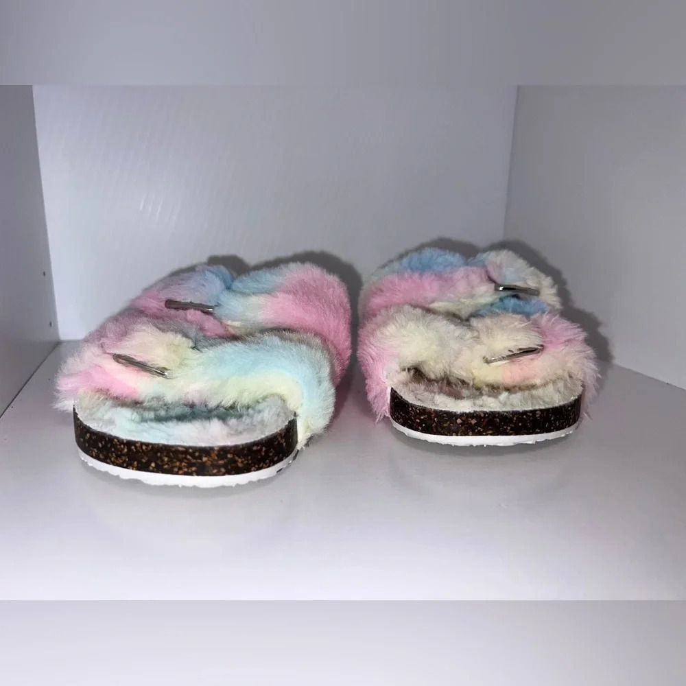 Faux fur pastel elastic double buckle slip on sandals, girls size 13/ 1 - Picture 5 of 10